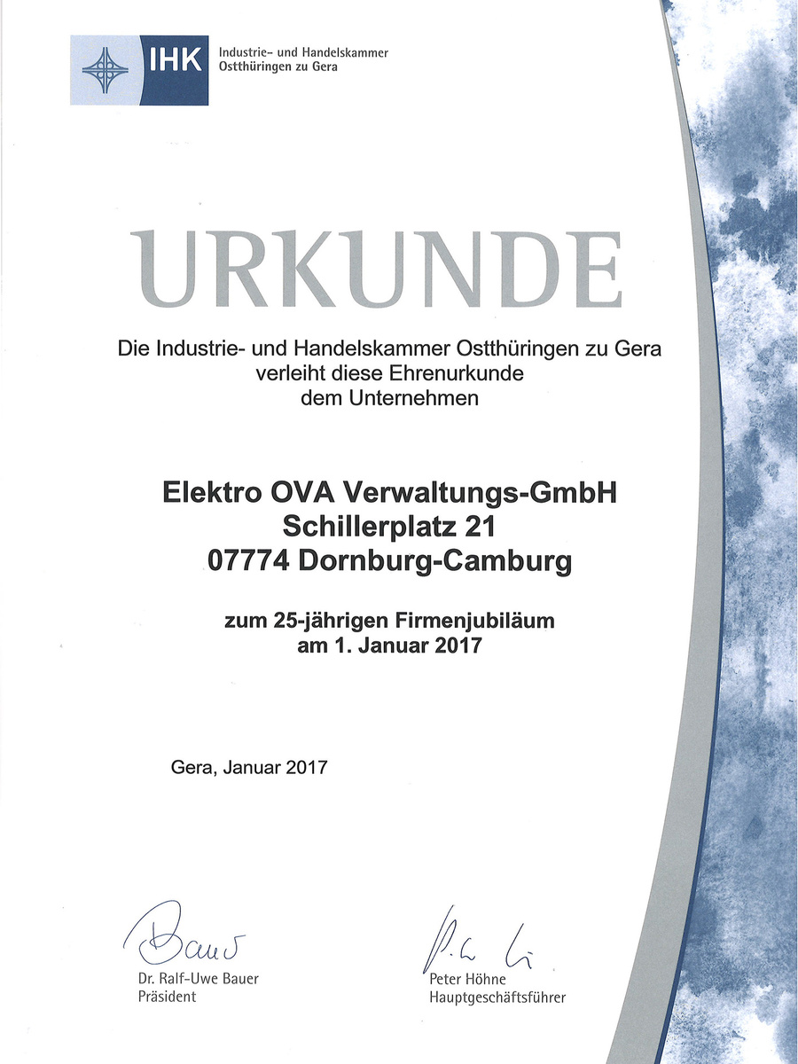 Ehrenurkunde IHK bei Elektro-OVA-GmbH in Dornburg-Camburg